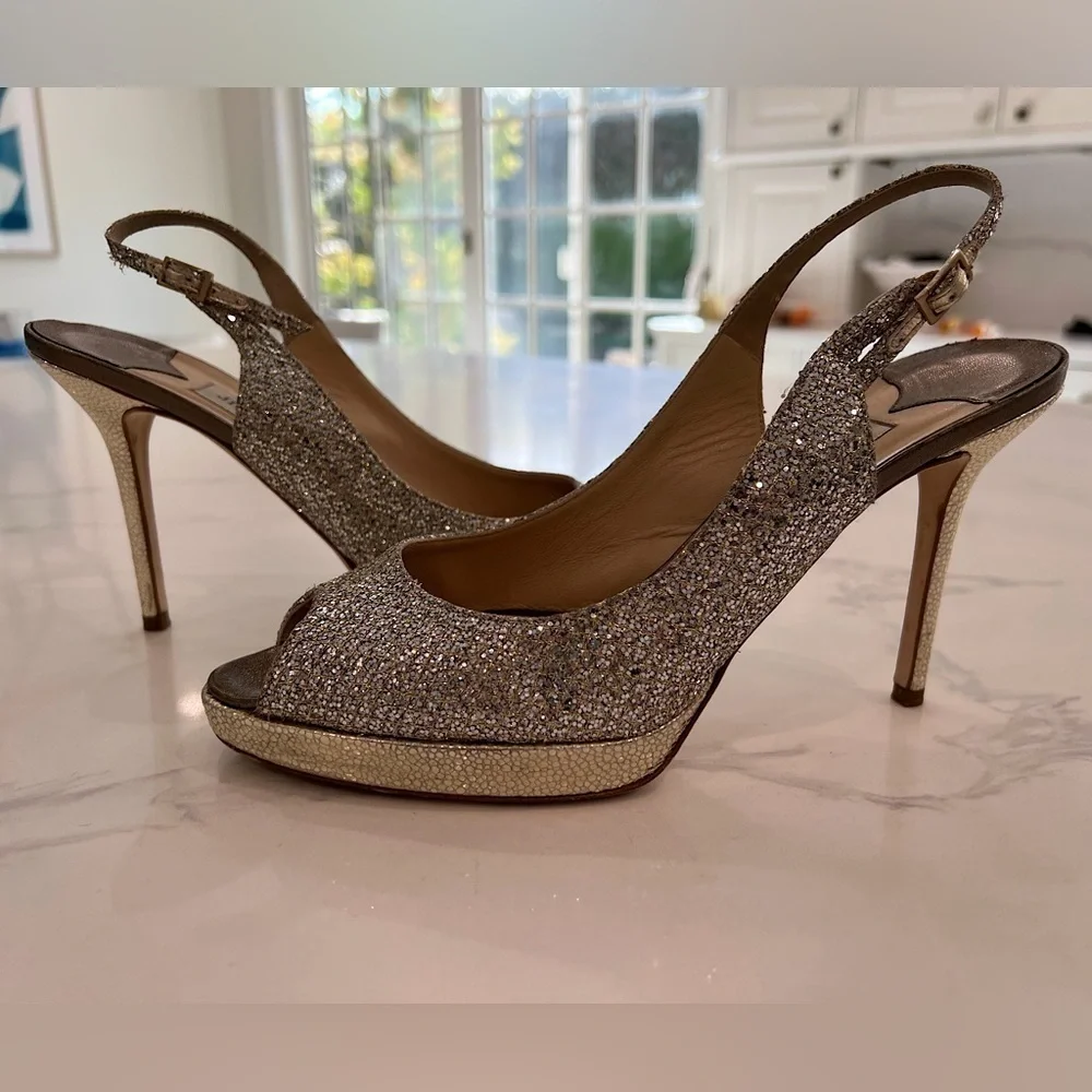 JIMMY CHOO SILVER SEQUIN EVENING PLATFORM SLINGBACK OPEN TOE HEELS SIZE 40 (9)